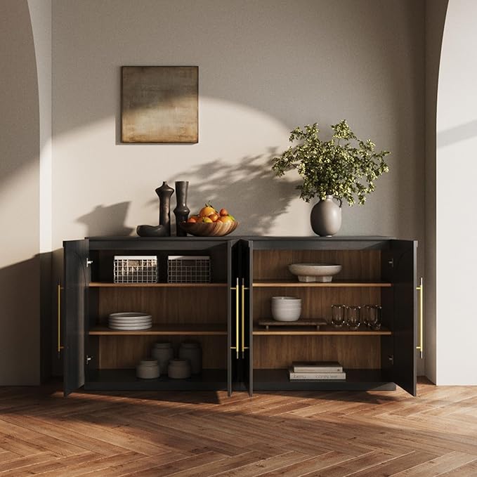 BELLEZE 65" Arched Sideboard with Glass Door, Accent Buffet Cabinet with Storage and Adjustable Shelves, Classic Modern Large Console Table for Dining Room Living Room Entryway (Ebony)
