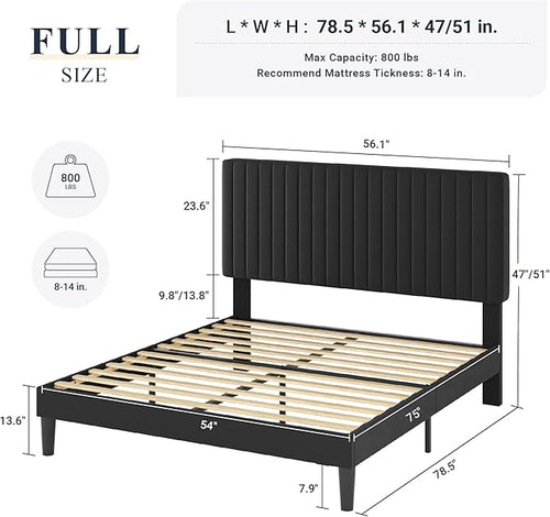 Allewie Full Bed Frame, Velvet Upholstered Platform Bed with Vertical Channel Tufted Headboard, Mattress Foundation with Strong Wooden Slats, Box Spring Optional, Easy Assembly, Black