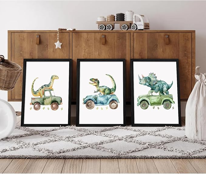Dinosaur Nursery Wall Art Kids Canvas Poster Baby Boy Nursery Wall Decor Green Dino Pictures Toddler Prints Cartoon Dino Car Painting Boys Room Artwork for Bedroom Bathroom 16x24x3 Inch Wood Framed