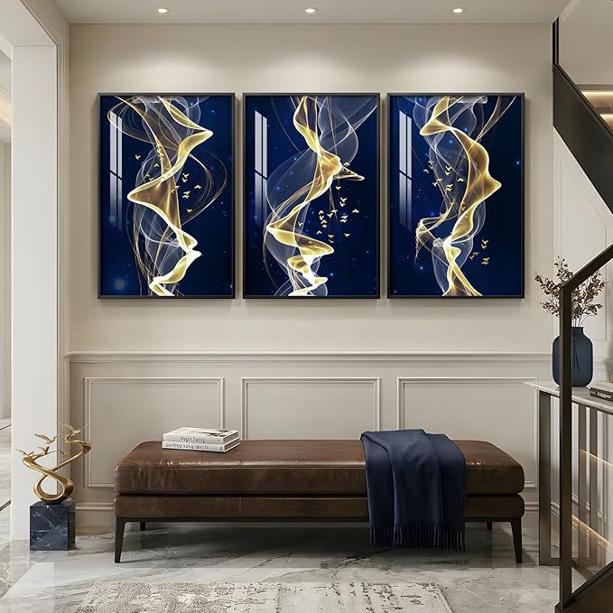 Large Framed Modern Blue and Gold Wall Art for Living Room, 3 Piece Abstract Artwork for Walls, Contemporary Luxury Line Pictures Prints Paintings for Hallway Dining Room Office 24x36 Inch