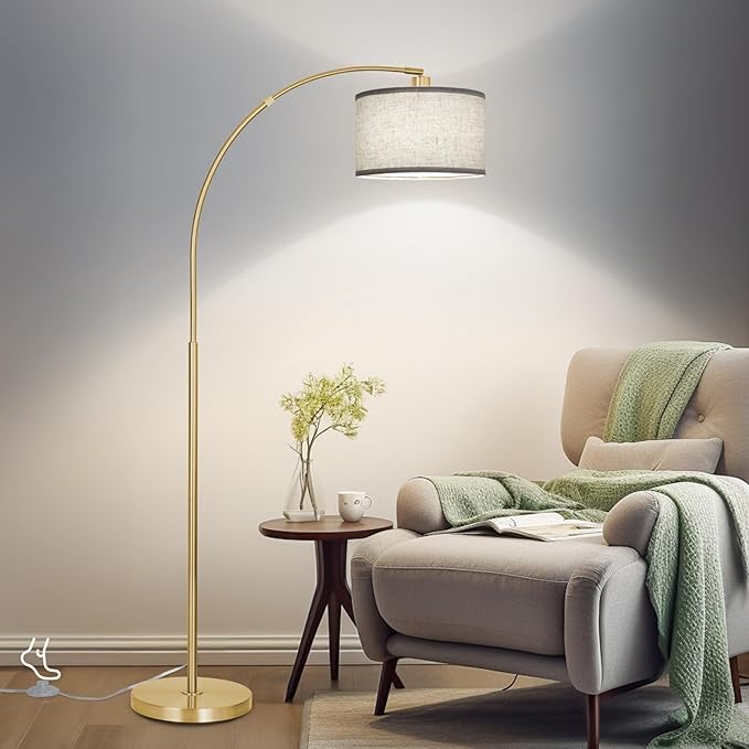DWTB Gold Arc Floor Lamp for Living Room, Floor Lamp with Adjustable Drum Lampshade, Modern Tall Standing Lamp with Foot Switch, Over Couch Arched Pole Lamps for Reading Bedroom, 8W LED Bulb Included