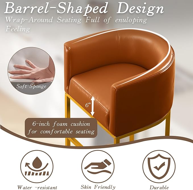 Modern Counter Height Bar Stools,Bar Stools Set of 3,PU Leather Upholstered Barrel Barstools with Backs,24'' Kitchen Island Chairs,Metal Gold Frames,Camel Brown Leather