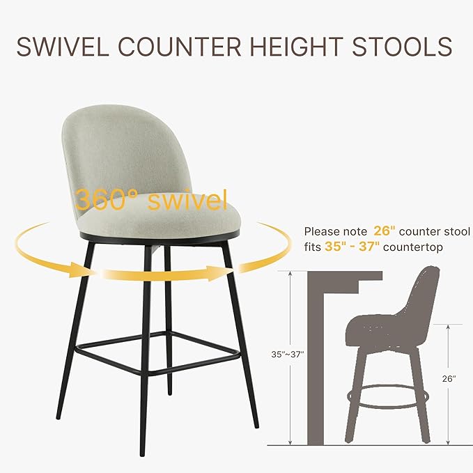 26" Counter Height Swivel Bar Stools Set of 3, Upholstered Linen Fabric Barstools with Backs and Metal Legs for Kitchen Island,Grey