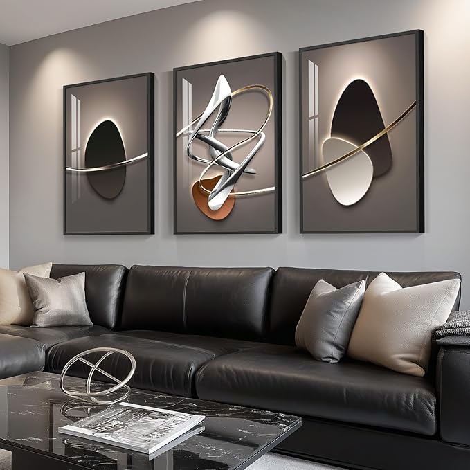 Framed Large Modern Abstract Wall Art for Living Room, Large 3 Piece Black and White Bright Style Artwork, Minimalist Geometric Painting Prints for Dining Room Hallway Office Wall Decor, 24x36 In