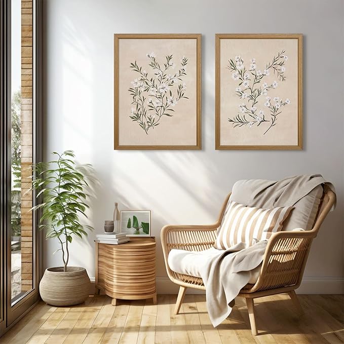 Vintage Botanical Wall Art Neutral Floral Prints Farmhouse Flower Canvas Wall Decor Watercolor Wildflower Pictures Nature Minimalist Artwork for Living Room Bedroom 12x16 Inch Wood Framed Set of 2