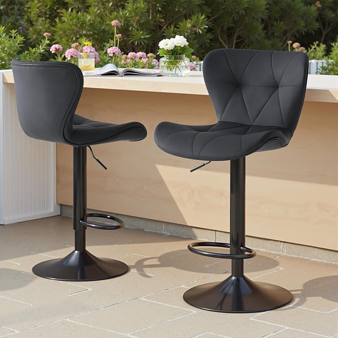 Sweetcrispy Modern Bar Stools Set of 2, Adjustable Faux Leather Upholstered Swivel Bar Stools, Counter Height Bar Chairs with Back for Kitchen Island, Black