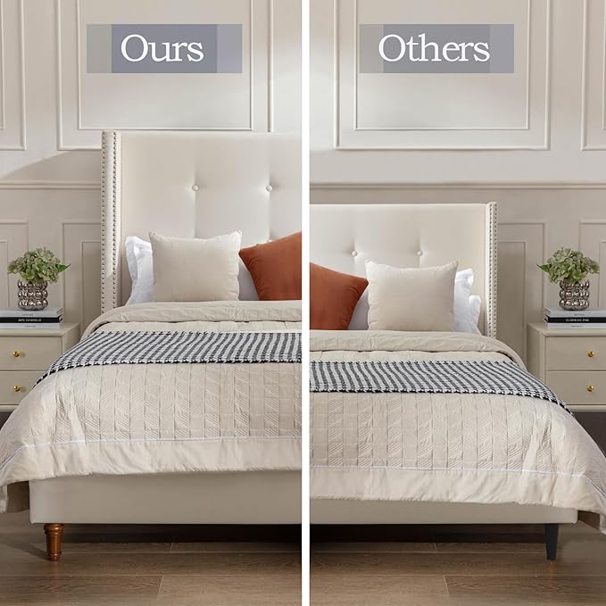 Upholstered Bed Frame, 54" Tall Headboard Wingback Upholstered Platform Bed Frame for Kids Teens Adults Bedroom Strong Wood Slats Support/No Box Spring Needed (Ivory Velvet, Queen)