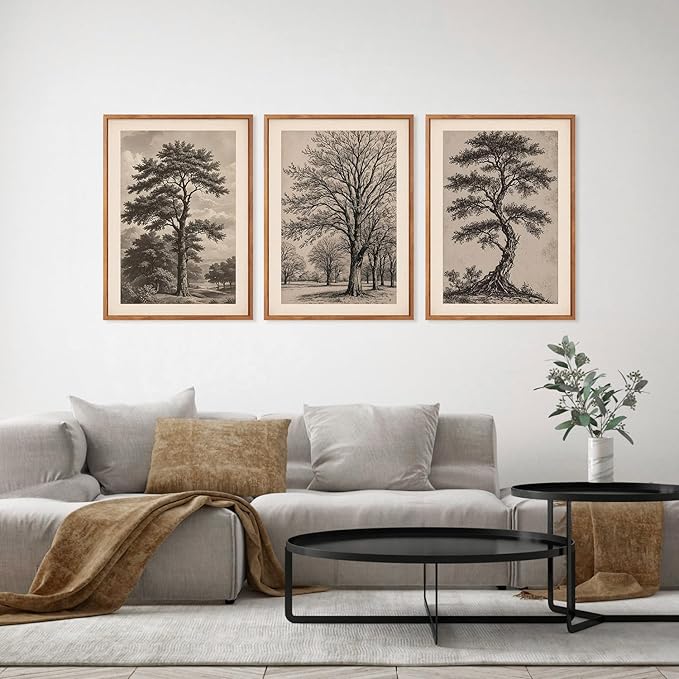 HPINUB Vintage Sketch Tree Framed Canvas Wall Art Set,Modern Nature Botanical Wall Decor, Antique Wilderness Tree Artwork,Minimalist Neutral Art Prints for Living Room,Bedroom(Set of 3,12X16 Inch)