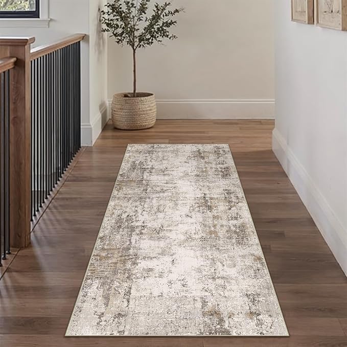 2x5 Washable Runner Rug Brown Grey Abstract Non Slip Soft Low Pile Hallway Kitchen Rug Neutral Modern Carpet for Laundry Bathroom Bedroom Living Room Home Decor