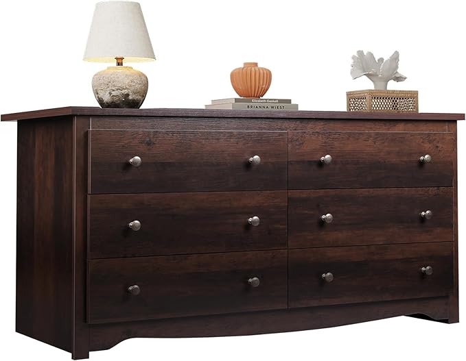 WLIVE Wooden Dresser for Bedroom, 6 Drawers Chest of Drawers, 59" Wide Modern Dresser Closet Storage Organizer for Living Room Hallway, Brown
