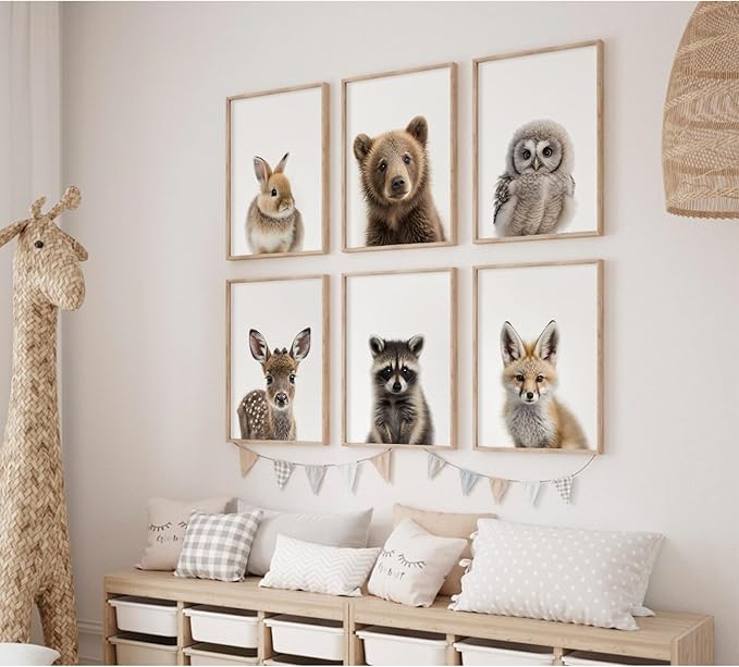 Nursery Animal Wall Art Pictures Baby Safari Canvas Wall Decor Jungle Woodland Wall Art Cute Animal Prints Paintings Nursery Kids Posters for Boys Girls Room Bedroom 12x16 Inch Unframed Set of 6