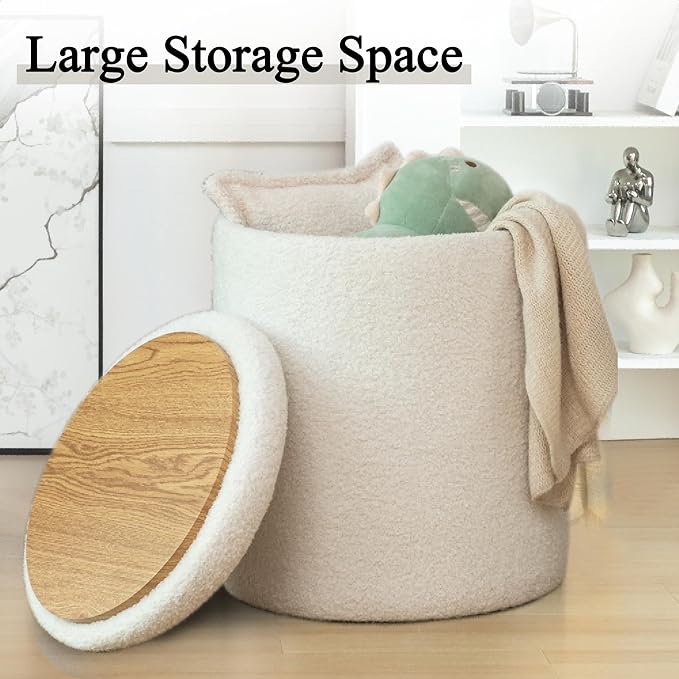 YSICK Round Ottoman with Storage, Set of 2, Small Vanity Stool as Vanity Chair, Sherpa Ottoman Foot Rest for Small Space, Living Room, Bedroom, White