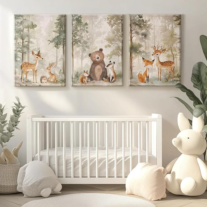 Woodland Nursery Wall Art Decor Animal Forest Canvas Prints Baby Boy Room Wall Decor Bear Nursery Nature Pictures Deer Prints Artwork for Boy Girl Kids Bedroom 16x24 Inch Wrapped Canvas Set of 3