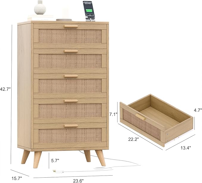 Rovaurx Modern 5 Drawer Dresser for Bedroom, 42.7" Tall Rattan Chest of Dressers with Charging Station, Dresser Chest with Wooden Handles, Beside Table for Closet, Living Room and Entryway, Natural