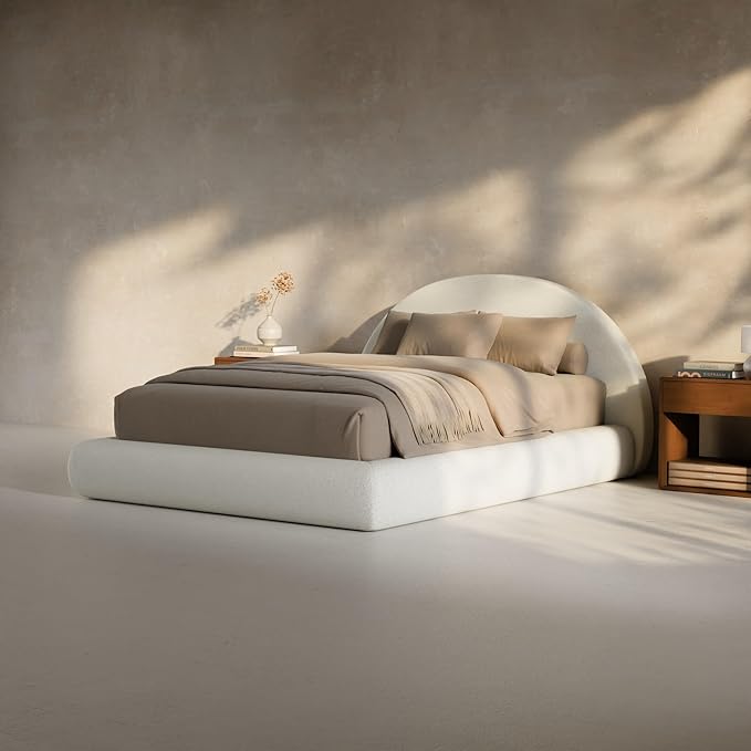 RECCI AirFrame Half-Moon Upholstered Full Platform Bed Frame, Boucle Curved Arched Base with Headboard, 5 Inch Fully Round Cushioned Foam, No Box Spring Needed, Easy Assembly | Round Shaped, Boucle, Low-profile, Soft