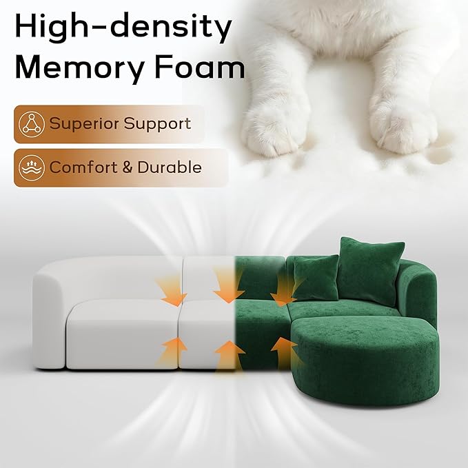 116" Modular Sectional Couches with Ottoman, Luxury Modern Curved Back Sofa, Minimalist Style Oversized 4 Seat Deep Comfy Convertible L Shape Boneless Couch for Living Room Studio Apartment, Green