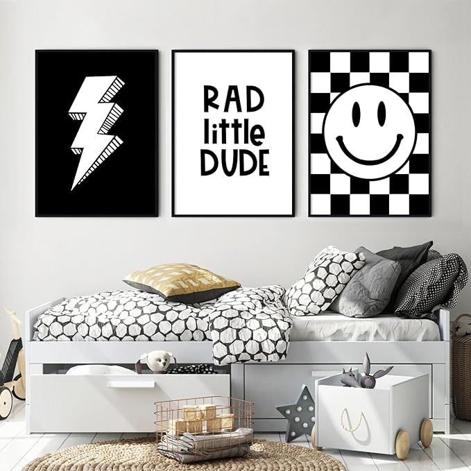 Boys Room Wall Art Decor Set of 3 Toddler Nursery Canvas Wall Art Baby Kids Wall Decor Black Checkered Smiley Poster Pictures Retro Playroom Rad Little Dud Art Prints for Bedroom 16x24 Inch Unframed