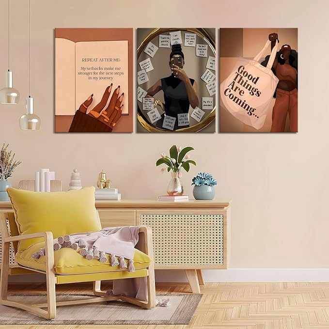 3pcs Black Girl Wall Art African American Wall Decor Paintings Fashion Abstract Black Woman Poster Canvas Prints Pictures for Living Room Bedroom 12x16 inch Framed