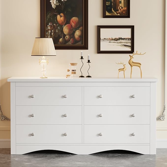 Furmax Dresser for Bedroom, 6 Wood Dresser, Chest of Drawers, for TV up to 65 inch, TV Stand Storage Chest of Drawers for Hallway Entryway (White)
