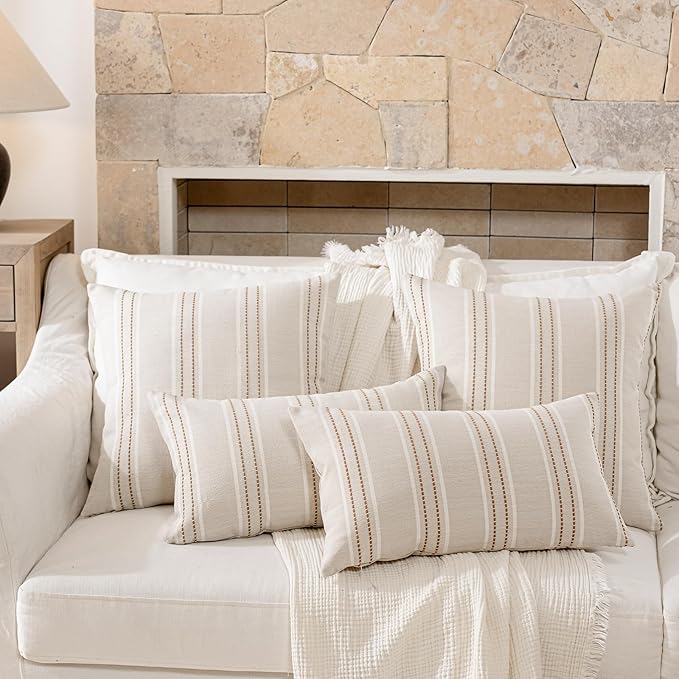 Hckot Throw Pillow Covers 22x22 Set of 2 Tan Pillow Covers Farmhouse Decorative Pillows Textured Linen Square Cushion Covers for Sofa Couch Bed Living Room Decor(Tan)