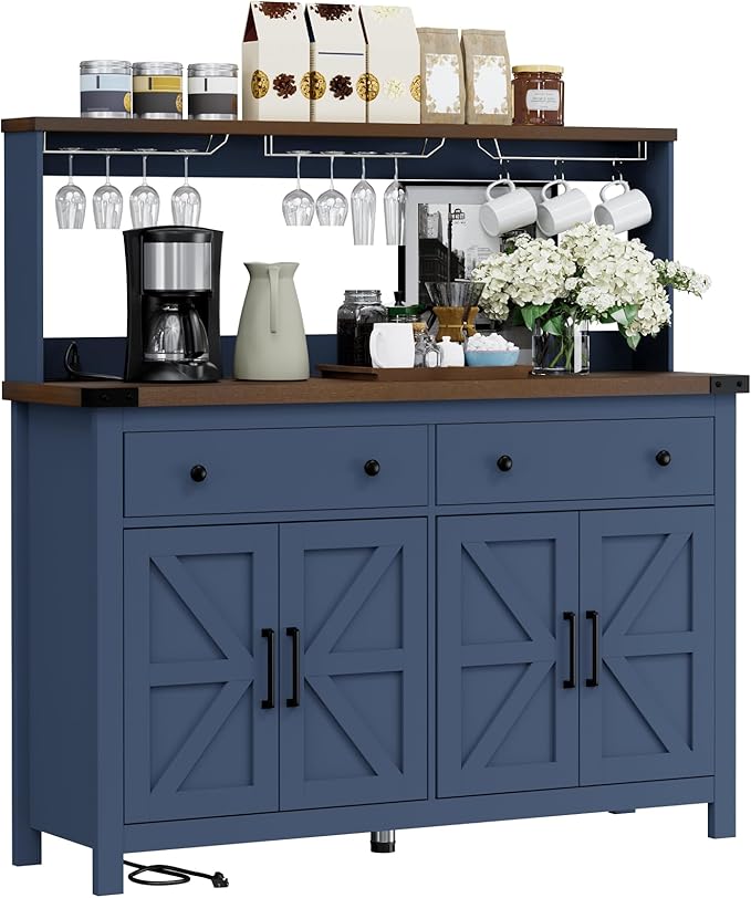 VVFLU Hutch Storage Buffet Cabinet with Drawers, and Charging Station, Coffee Bar Cabinet with Barn Doors, Wine Rack and Hooks, Blue Wood Sideboard Buffet for Kitchen, Dining Room, 54.1" High