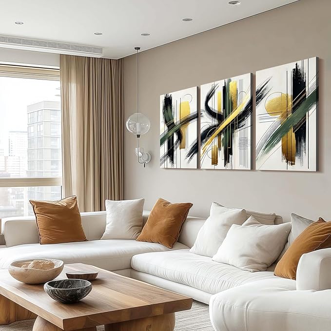3 Pcs Framed Abstract Wall Art Modern Gallery Prints Black Green Gold Lines Canvas Painting Minimalist Poster Picture Living Room Bedroom Office Wall Decor 12x16 Inch Ready To Hang