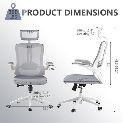 300 LBS Ergonomic Office Computer Mesh Chair - Adjustable Height Rolling Desk Chair with Flip-Up Armrests & High Back Support - Comfortable Swivel Task Chair for Home Office