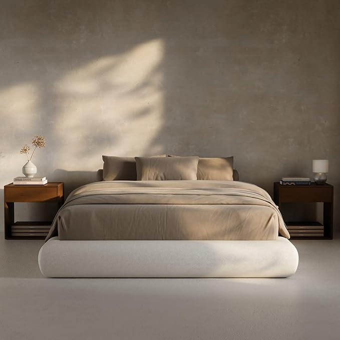 RECCI AirFrame Half-Moon Upholstered Queen Platform Bed Frame, Velvet Curved Arched Base, 5 Inch Fully Round Cushioned Foam, No Box Spring Needed, Easy Assembly | Round Shaped, Boucle, Low-profile, Soft