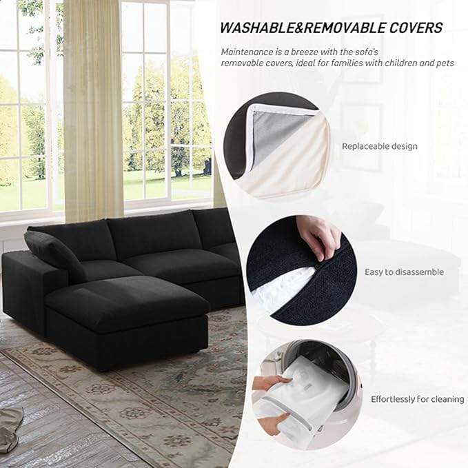 Cloud Couch Modular Sectional Sofa with 2 Storage Ottomans,160.6" U Shaped Sofa Couch,6 Seater Minimalist Wide Deep Seat Convertible Couches, Covers Washable&Replaceable,Black