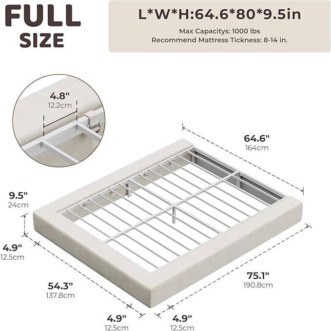 RECCI AirFrame Full Size Bed Frame, Cloud Upholstered Platform Bed Frame, 5 Inch Fully Boxy Foam Cushioned, Square Shape Base, No Box Spring Needed, Easy Assembly | Beige Chenille, Soft Low-Profile