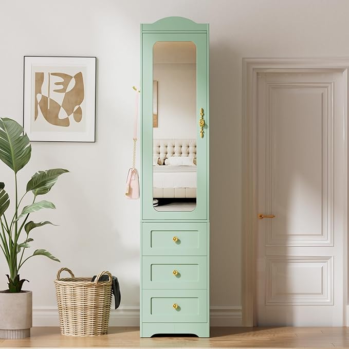 Armoire Wardrobe Closet, 69.5" H Wood Bedroom Cabinet with Mirror Door and 3 Drawers, Green Clothing Storage with Sensor Light and Hanging Rod for Bedroom - Left