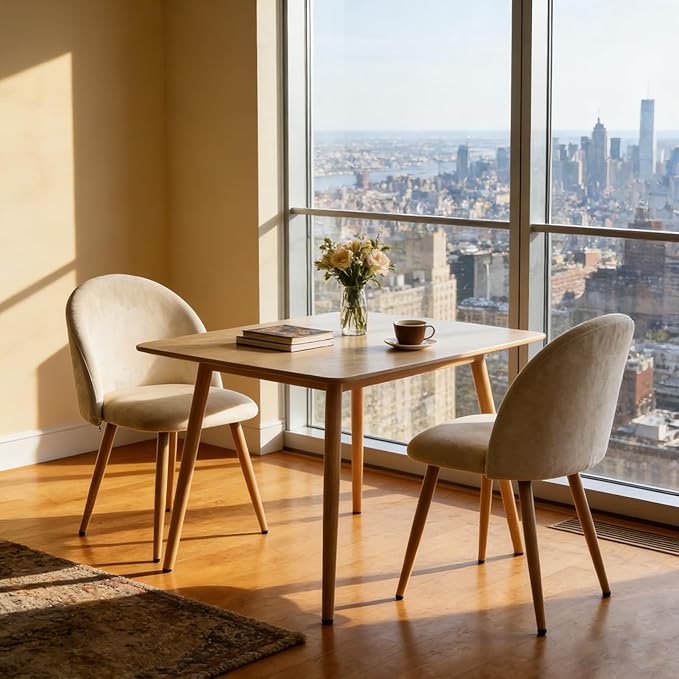 Dining Chairs Set of 2, Velvet Comfortable Seats, Mid-Century Modern Living Room Chairs, Upholstered Kitchen Chairs with Wooden Legs and Padded Seat for Bedroom Office Easy Assembly, Beige