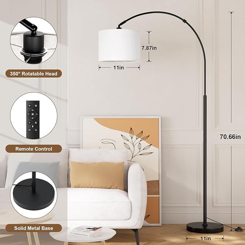 Ambimall Dimmable Arc Floor Lamp with Remote, Color Temperatures and Brightness Adjustable, Arched Floor Lamp with Rotating Head, Over Couch Arched Reading Light for Living Room (White and Black)