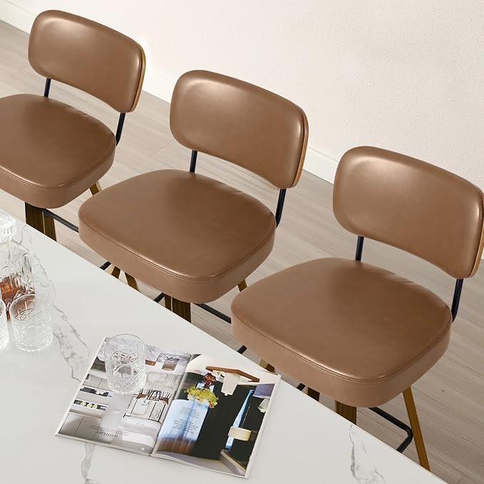 Bekrvio Swivel Bar Stools Set of 4, 29" Upholstered Faux Leather Barstools with Back and Bent Wood Legs, Mid Century Modern Bar Chair Island Stool for Kitchen Counter, Brown