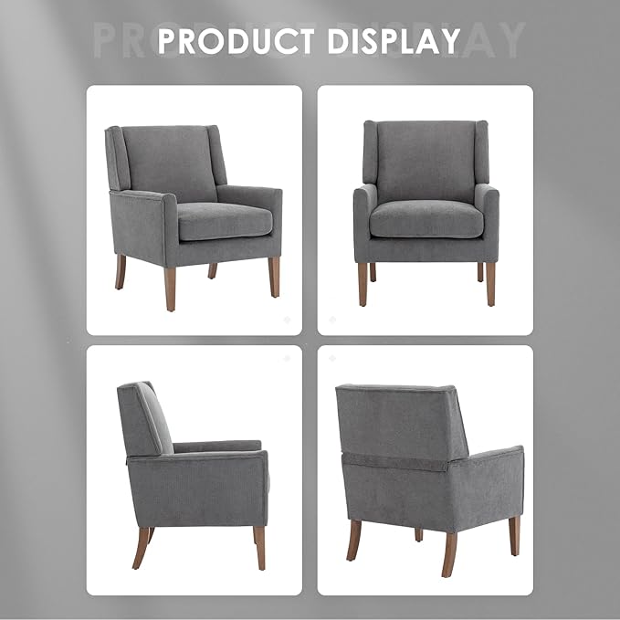 COLAMY Modern Wingback Living Room Chair, Upholstered Fabric Accent Armchair, Single Sofa Chair with Lounge Seat and Wood Legs for Bedroom/Office/Reading Spaces, Gery