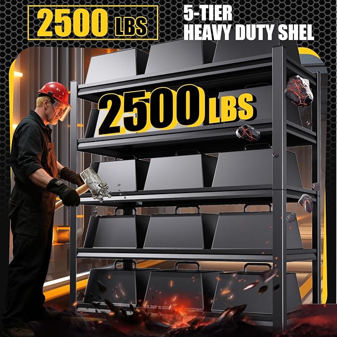 5-Tier Garage Shelving Heavy Duty, 2500LBS Garage Storage Shelves Adjustable Metal Shelving Unit, Utility Rack Shelf, Shelves for Garage Storage, Basement, Warehouse, Shop, 72" H×35.4" W×15.7" D