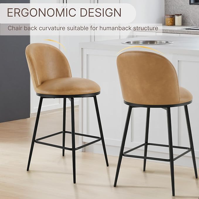 26" Counter Height Swivel Bar Stools Set of 2, Upholstered Faux Leather Barstools with Backs and Metal Legs for Kitchen Island,Brown