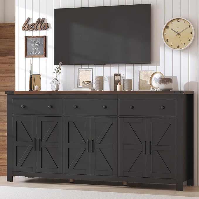 VVFLU 71" Large Sideboard Buffet Cabinet with Storage, Farmhouse Coffee Bar with 3 Drawers and 6 Barn Doors, Long Wider Storage Cabinet, for Kitchen, Dining Room, Living Room, Black Wood
