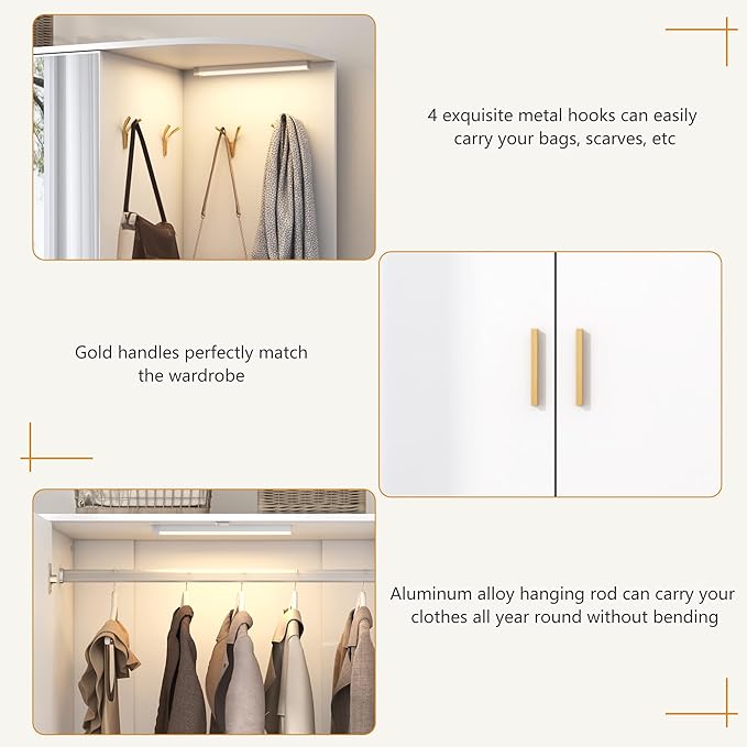 XVD Armoire Wardrobe Closet with Mirror & Sensor Light, Bedroom Armoire with 5 Doors & 2 Drawers, Modern Wooden Large Wardrobe Closet with Shelves, 4 Hooks, 2 Hanging Roods, Open Space, White