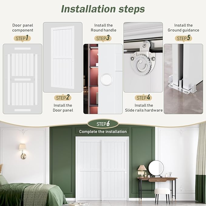 FREDBECK Sliding Closet Doors 64x80(Double 33inch),Bypass Barn Door with Hardware,for Bedroom,White,H Frame,Assemble Required