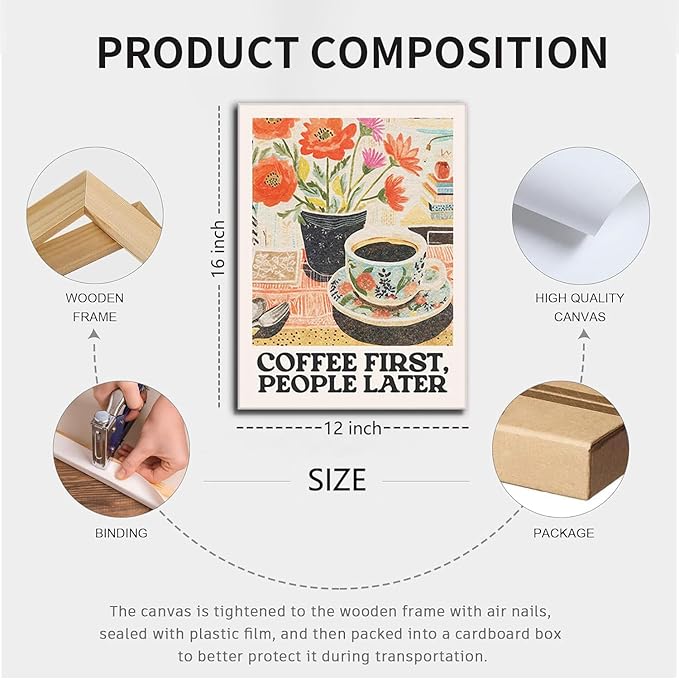 Vintage Coffee Kitchen Canvas Wall Art Set of 3, Fashion Aesthetic Flowers Espresso Poster Picture, Simple Travel Drinks Wall Decor Painting Prints for Dining Room Cafe Bar 12x16 Inch Framed