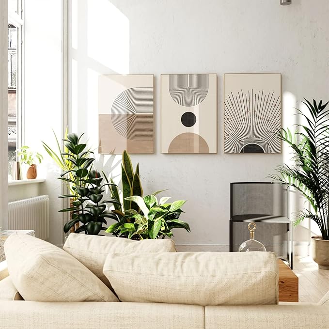 Mid Century Modern Wall Art Set of 3 Neutral Boho Art Prints Abstract Geometric Wall Art Picture Black Beige Minimalist Painting Canvas Artwork for Living Room Bedroom 24x36 Inch UNFRAMED