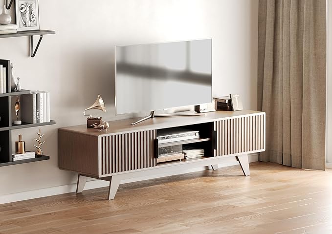 Claiks Mid-Century Modern TV Stand for 65 inch TV, Wood Fluted TV Stand with Storage and Adjustable Shelves, Low Profile TV Console for Living Room, Walnut