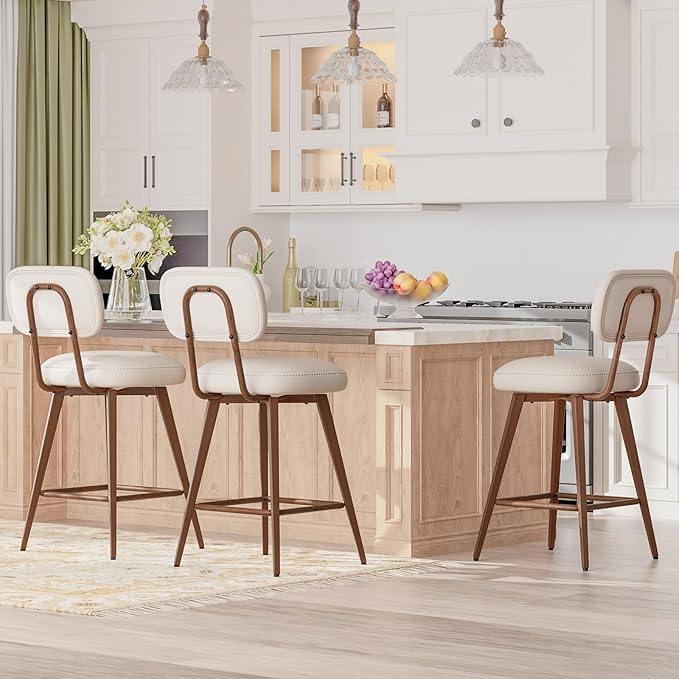 MALOL 26“ PU Leather Swivel Bar Stools Set of 3, Mid Century Counter Height Bar Chairs with Low Back and Metal Legs, Modern Bar Stool Chair for Kitchen Island, Beige