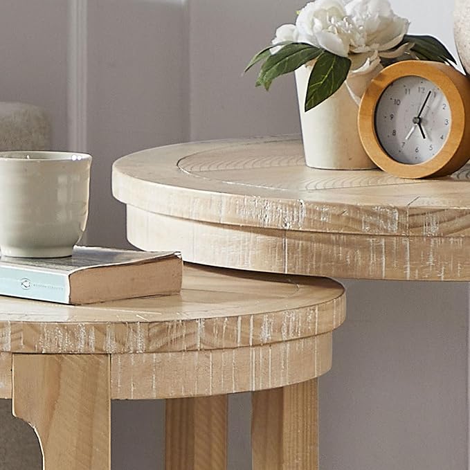 WILLIAMSPACE 24" Round Nesting Coffee Table Set of 2, Solid Wood Coffee Tables Mid Century Rustic Farmhouse Side End Tea Table for Living Room, Apartment (Oak)