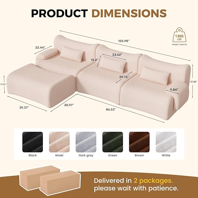 Cloud Couch Sectional, L Shaped Boneless Couches for Living Room - Oversized Modular Sofa with Deep Seats, Modern Couches with Movable Ottoman,Khaki(Pink-Toned)