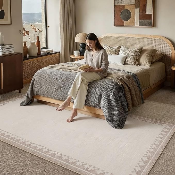 GarveeHome Large 10x13 Washable Rug Geometric Cross Bordered Non Slip Living Room Bedroom Rugs Modern Stain Resistant Low Pile Carpet for Dining Room Home Office Farmhouse, Light Beige/Seashell