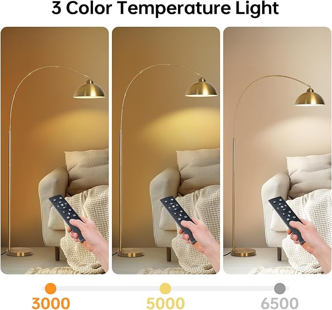 EOEYYOYB Floor Lamp with 3 Light Modes Adjustable– Modern Arc Standing Tall Lamp Dimmable Brightness, Perfect for Living Room, Bedroom, and Office, Gold