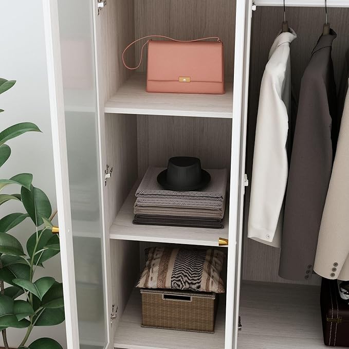 MOUMON 70.9" 4-Door Wardrobe Closet with Frosted Glass Doors & 2 Drawers, Double Hanging Rods & Shelves, Wide Armoire Closet Light Oak 63”W x 19.7”D x 70.9”H