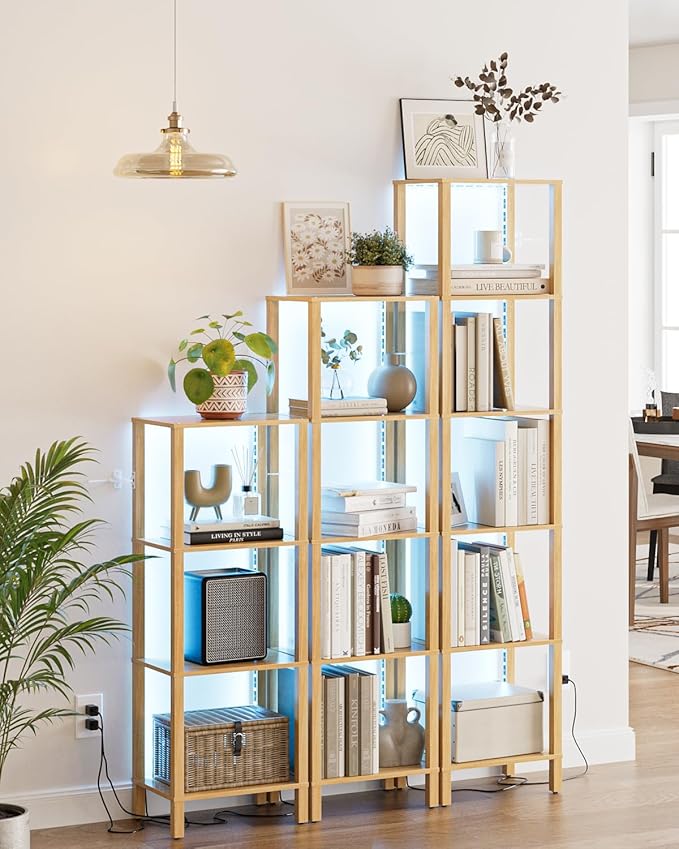 Open Book Shelf with LED Lights, 5 Tier Tall Bookshelf, Freestanding Shelf Narrow Bookcase with Open Shelves, 14.96" x 10.63" x 53.54", Book Shelves for Living Room, Office, Study, Oak